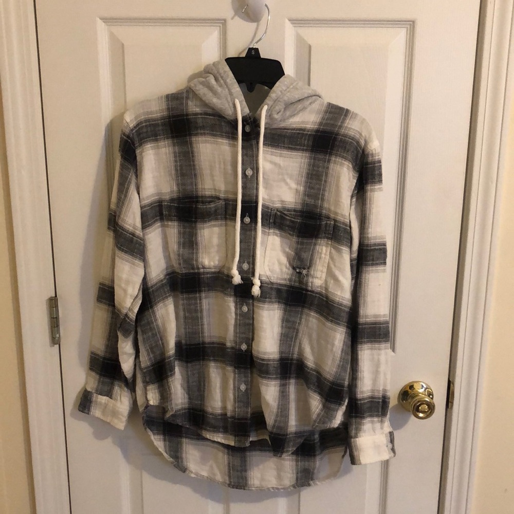 American Eagle Outfitters Black and White Distressed Hooded Sweatshirt